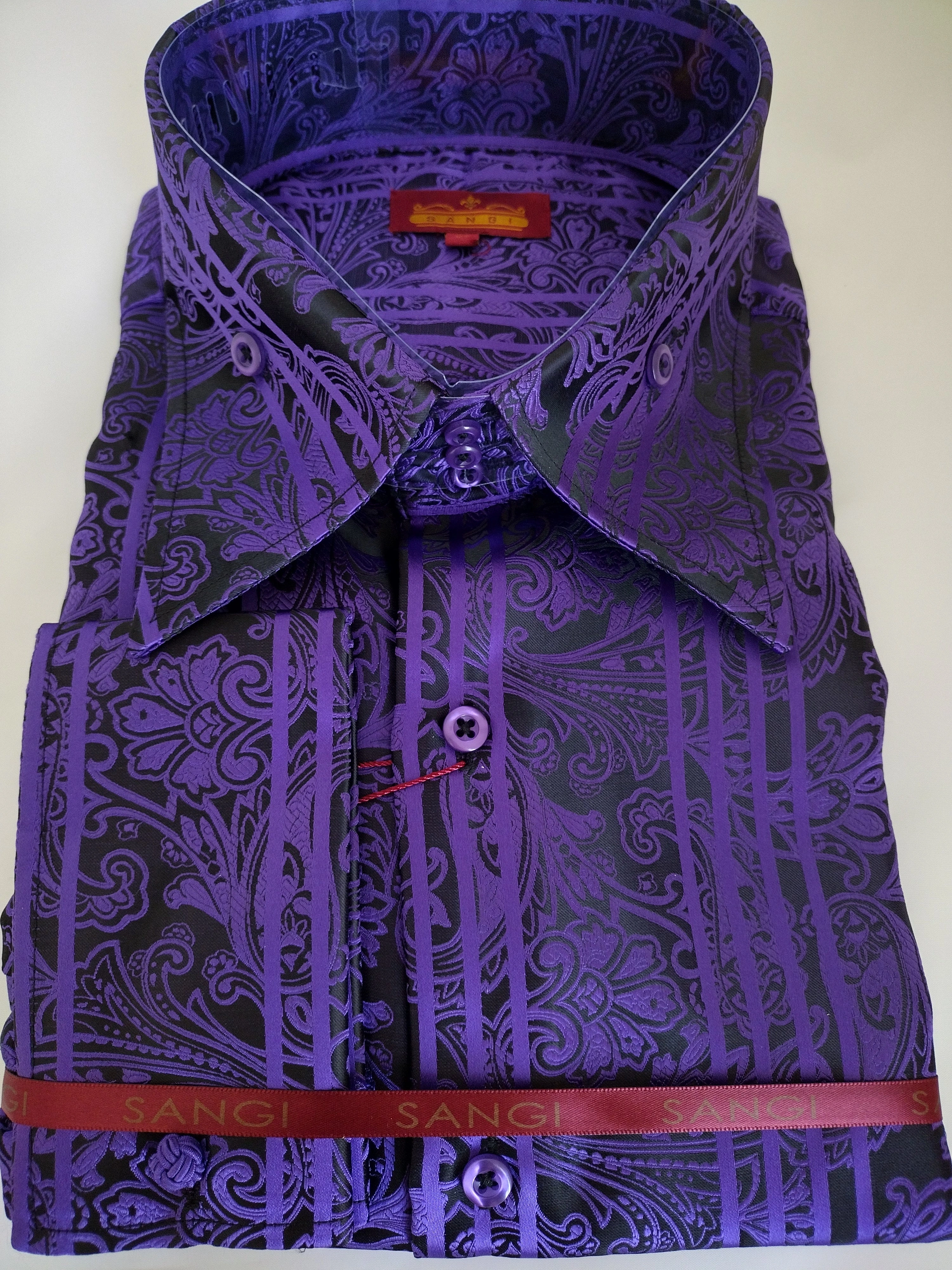 Léine fhear Paisley dubh corcra chic SANGI MONACO, collar ard, cufaí Francacha, stíl Eorpach iontach 2103